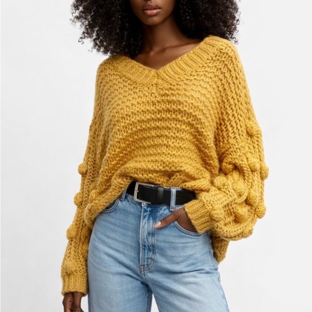 American Threads Mustard Knit Sweater Women’s Medium Bobble Sleeve V-Neck Chunky